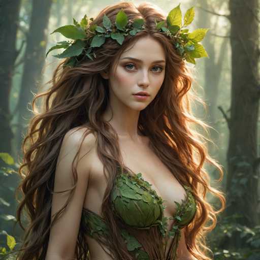 A woman with long brown hair is wearing a green headdress adorned with leaves and flowers. The background features trees and foliage, creating an impression of being in a forest or wooded area.