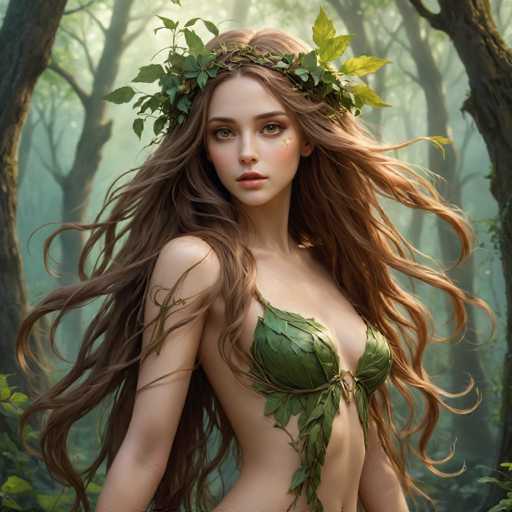 A woman with long brown hair is standing in a forest surrounded by trees and foliage. She is wearing a green leafy headdress that covers her shoulders and has a wreath of leaves on her head. The background features the dense foliage of the forest, creating an immersive and natural setting for the image.