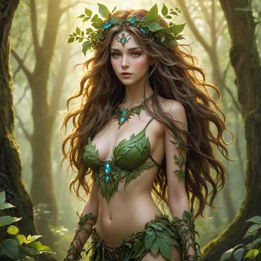 A woman with long brown hair is standing in a forest surrounded by trees and foliage. She is wearing a green dress adorned with leaves and jewels, and she has a crown on her head that is decorated with flowers. The background of the image is blurred, but it appears to be a dense forest filled with various types of trees and plants.