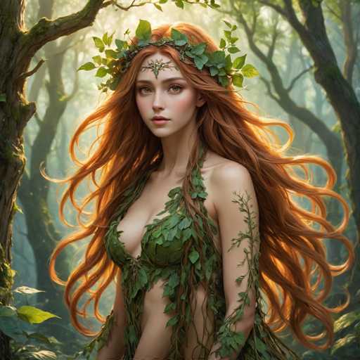 A woman with long red hair wearing a green dress and a crown of leaves on her head is standing in the center of a forest.