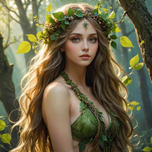 A woman with long blonde hair is wearing a green dress and a crown made of leaves on her head. The background features trees and foliage, creating an impressionistic style that emphasizes the play of light and shadow over the subject's face.