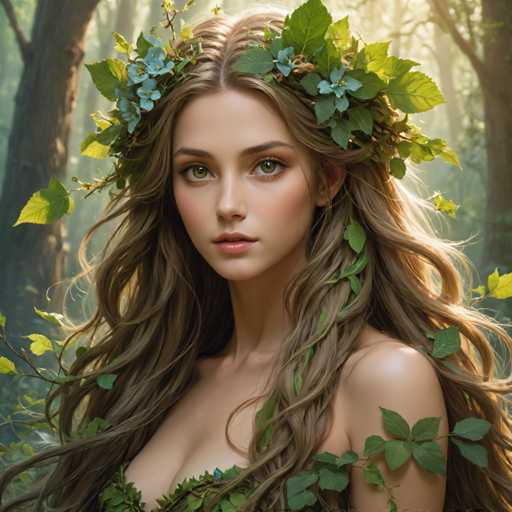 A woman with long brown hair is wearing a crown made up of green leaves and flowers on her head. She has a serious expression on her face as she gazes directly at the camera. The background features trees and foliage, creating an impression of being in a forest or wooded area.