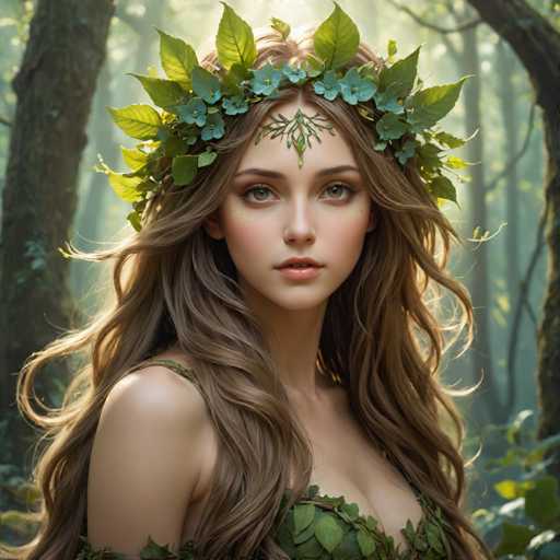 A woman with long brown hair is wearing a green headband adorned with leaves and flowers. She has her eyes closed and is looking directly at the camera. The background features trees and foliage, suggesting that she might be in a forest or wooded area.