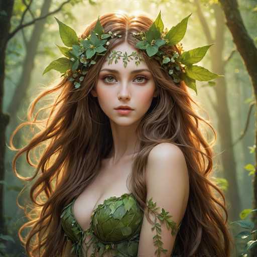 A woman with long brown hair is wearing a green headdress adorned with leaves and flowers, standing in front of trees in a forest setting.