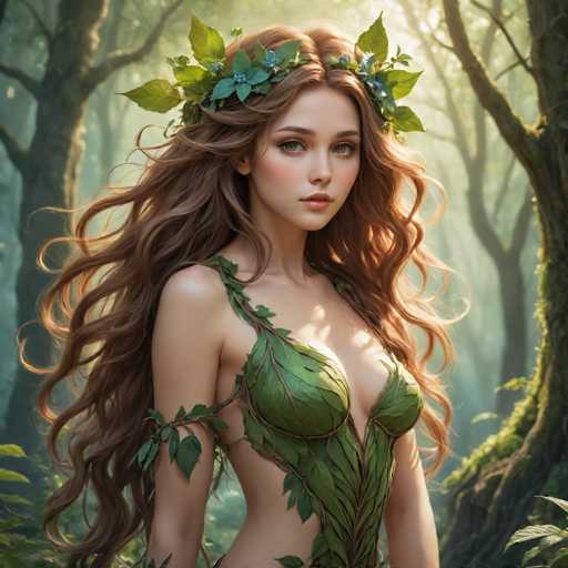 A woman with long brown hair is standing in a forest surrounded by trees and foliage. She is wearing a green dress that has leaves attached to it, giving her an ethereal appearance. The background of the image is blurred, drawing focus to the woman and her surroundings.