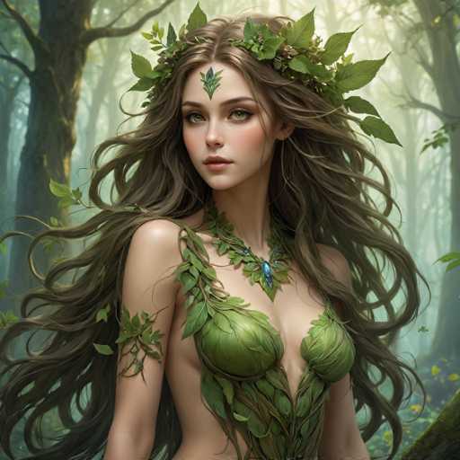 The image depicts a woman with long brown hair wearing a green dress and a crown of leaves on her head. She is standing in front of trees, suggesting she might be in a forest or a natural setting. The background features the silhouettes of trees against a blurred sky, creating an atmosphere of mystery and tranquility.