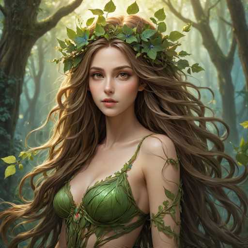 A woman with long brown hair is wearing a green dress and a crown made of leaves on her head. The background features trees and foliage, creating an impressionistic style that emphasizes the play of light and shadow over the scene.