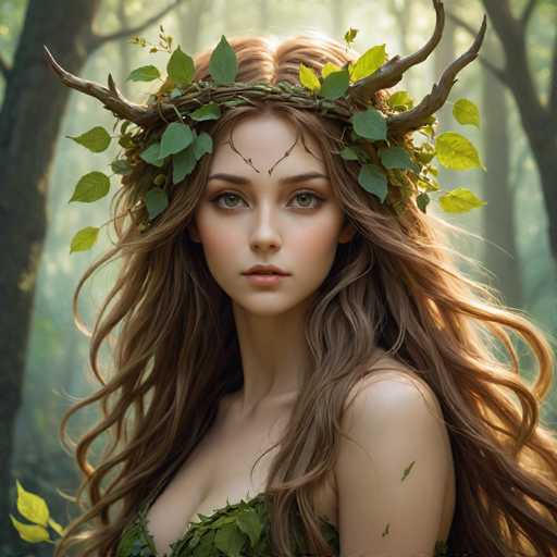 A young woman with long brown hair is wearing a crown made of leaves and branches on her head. The crown is adorned with green leaves that add an element of nature to the scene. She has a serene expression on her face as she gazes directly into the camera.