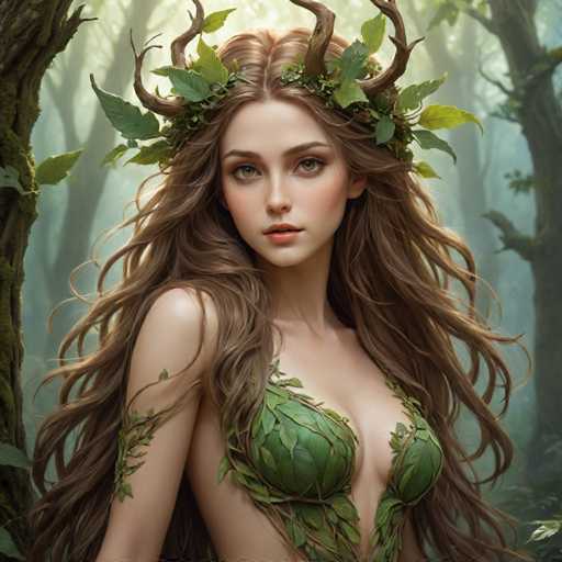 The image depicts a woman with long brown hair wearing a green dress adorned with leaves and flowers. She is standing in front of trees, suggesting she might be in a forest or natural setting. The woman's face is partially obscured by the leafy headdress on her head, adding to the overall mystical atmosphere of the scene.