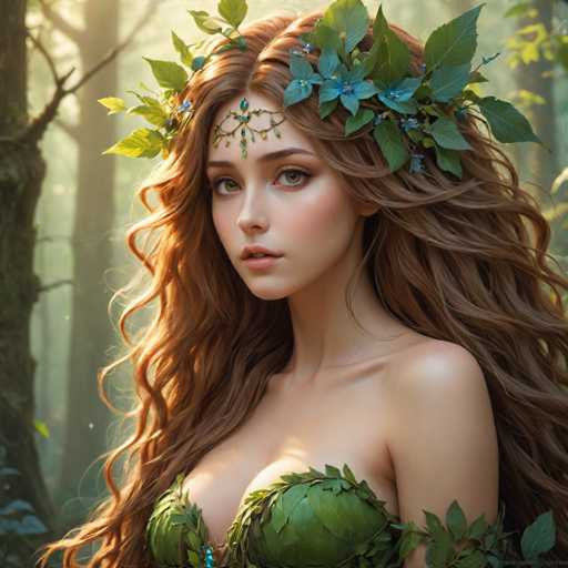 The image shows a woman with long brown hair wearing a green dress adorned with leaves and flowers. The background is a forest filled with trees and foliage, creating an impression of being in nature.