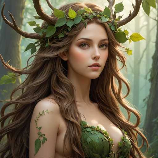 The image shows a woman with long brown hair wearing a green headdress adorned with leaves and flowers. The background is a forest filled with trees and foliage, creating an impression of being in the woods or jungle.