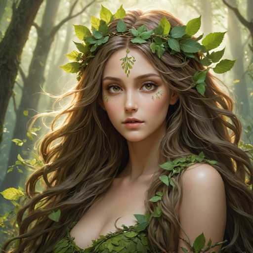 The image depicts a woman with long brown hair wearing a green dress adorned with leaves and flowers. The background is filled with trees and foliage, creating an impression of being in a forest or woodland setting.