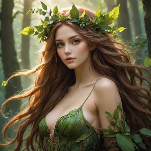 A woman with long brown hair is wearing a green dress and a crown made of leaves on her head. The background features trees and foliage, creating an impressionistic style that emphasizes the play of light and shadow over the subject's face and body.