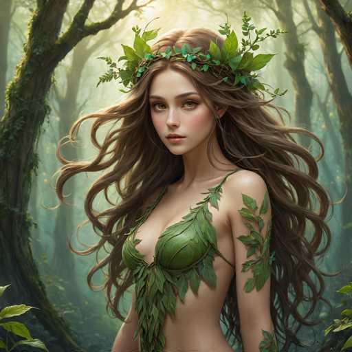 The image depicts a woman with long brown hair wearing a green dress and a wreath of leaves on her head. She is standing in front of trees, suggesting she might be in a forest or wooded area. The background features the dense foliage of the trees, creating an immersive and natural setting for the scene.