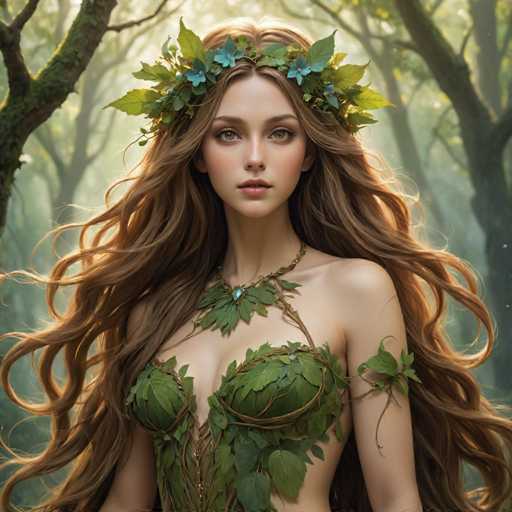 A woman with long brown hair is wearing a green dress and a crown made of leaves on her head. She has a necklace around her neck that also features leaves. The background consists of trees and foliage, creating an impression of being in a forest or woodland setting.