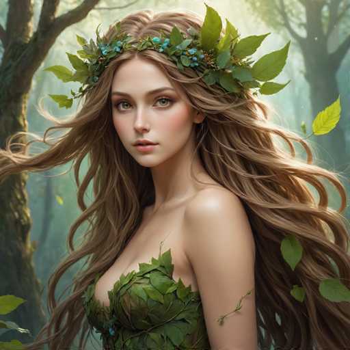 A woman with long blonde hair is wearing a green leafy headdress and a dress made of leaves. The background features trees and foliage, creating an impressionistic style that emphasizes the natural elements in the scene.