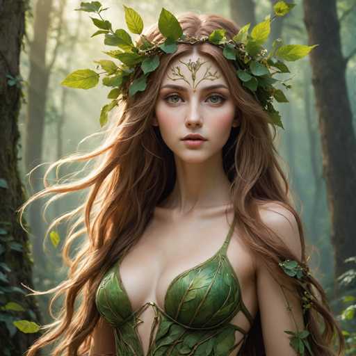 A woman with long brown hair is wearing a green leaf-shaped headband and a matching green dress that covers her entire body except for her arms and legs. The background features trees and foliage, creating an impression of being in a forest or woodland setting.