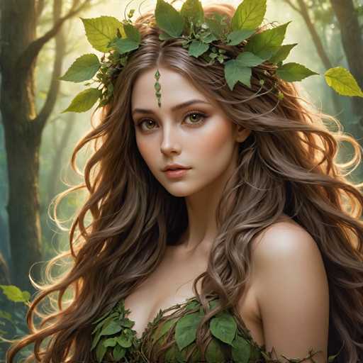 The image shows a woman with long brown hair wearing a green dress and a crown of leaves on her head. The background is filled with trees, creating an impression of being in a forest or woods.