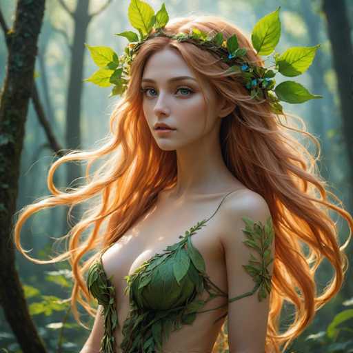 A woman with long red hair is standing in a forest surrounded by trees and foliage. She is wearing a green dress that has leaves attached to it, giving her an ethereal appearance. The background of the image is blurred, drawing focus to the woman's face and the unique attire she is wearing.