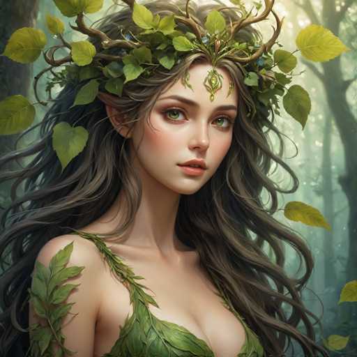 A woman with long brown hair and a green headdress adorned with leaves is the central figure in this digital illustration. The background features trees and foliage, creating an immersive forest setting that complements the overall composition of the image.