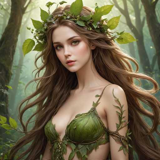 A woman with long brown hair is wearing a green headband adorned with leaves and flowers. She has her arms crossed over her chest and is looking directly at the camera. The background features trees and foliage, creating an impression of being in a forest or natural setting.