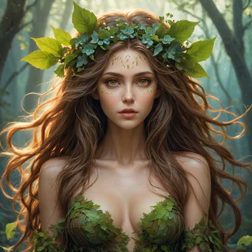 The image depicts a woman with long brown hair wearing a green headdress adorned with leaves and flowers. The background is a forest filled with trees and foliage, creating an impression of being in the woods or jungle.