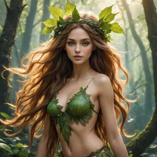 A woman with long brown hair is standing in a forest surrounded by trees and foliage. She is wearing a green headband adorned with leaves and a matching green dress that blends with the natural surroundings. The background features a dense canopy of trees, creating an immersive and enchanting atmosphere.