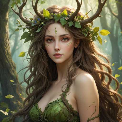 A woman with long brown hair and a green headdress adorned with leaves is the central figure in this image. The background features trees and foliage, creating an impression of being in a forest or wooded area.