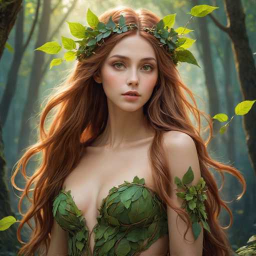 A woman with long red hair wearing a green leafy headdress and a dress made of leaves stands in front of trees in a forest.