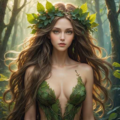 A woman with long brown hair is wearing a green leafy headdress and a dress made of leaves. The background features trees and foliage, creating an impressionistic forest setting.