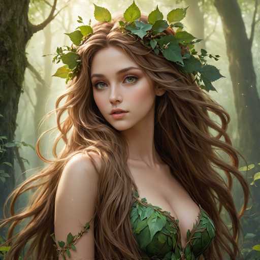 A woman with long brown hair is wearing a green dress and has a crown of leaves on her head. The background features trees and foliage, creating an impressionistic style that emphasizes the natural elements in the scene.