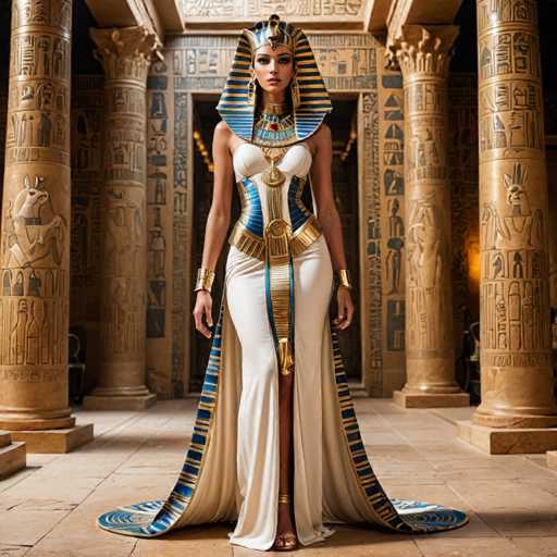 A woman stands in front of a grand entrance at the Egyptian Museum in Cairo, Egypt. She is dressed in an elegant white gown with gold accents and a blue headdress adorned with gold tassels. The woman holds a golden scepter in her hand as she gazes directly into the camera.