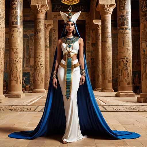 The image depicts a woman wearing an Egyptian-style dress and headdress standing in front of a temple. The woman is positioned centrally within the frame, with her body angled towards the camera. She wears a blue and white dress that contrasts with the brown stone columns surrounding her. A gold headdress adorns her hair, adding to the regal appearance. The background features a wall adorned with hieroglyphics, further emphasizing the historical context of the scene.