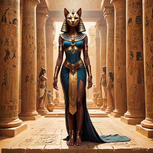 The image depicts an Egyptian queen standing in a grand hall with columns and walls adorned with hieroglyphics. The queen is wearing a blue dress and gold jewelry, including a headdress featuring a cat's face. In the background, there are other people present, suggesting that this scene takes place within a palace or similar regal setting.
The image does not contain any discernible text.