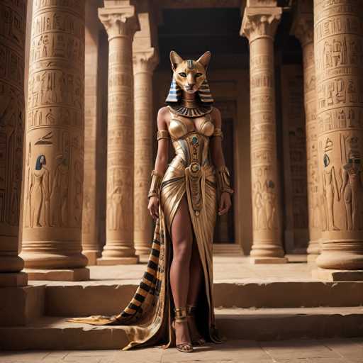 A woman stands confidently in front of a grand temple, wearing an elaborate gold and blue costume with a cat mask on her head. The temple is constructed from stone and features columns that reach towards the sky, creating a sense of awe-inspiring grandeur.