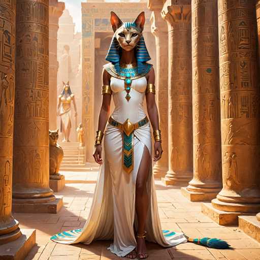 The image depicts an Egyptian goddess standing in a temple courtyard surrounded by columns and statues of cats. The goddess is wearing a white dress with gold accents and a blue headdress adorned with jewels. A cat mask is placed on her face, adding to the regal appearance. In the background, there are other statues of cats and people walking around the courtyard.