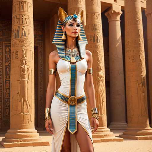 A woman dressed in an ancient Egyptian costume stands in front of a temple, wearing a white dress with gold accents and a headdress adorned with feathers.