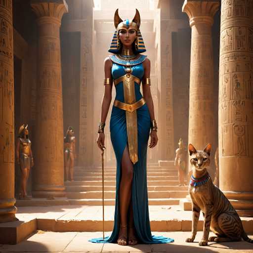 The image depicts an Egyptian goddess standing on a set of stairs with her cat companion by her side. The goddess is wearing a blue dress and gold jewelry, while the cat has a red collar around its neck. In the background, there are columns and statues that contribute to the ancient Egyptian atmosphere.