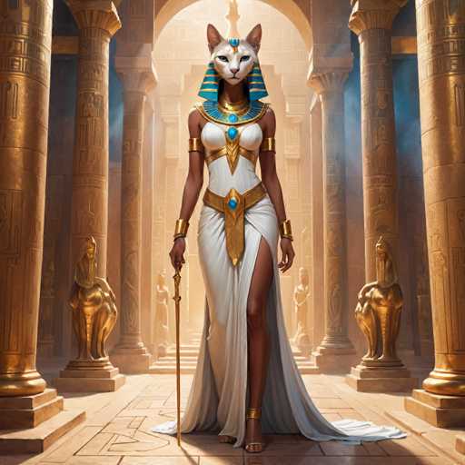 The image depicts an Egyptian queen standing in a grand hall with columns and statues surrounding her. The queen is wearing a white dress and gold jewelry, including a headdress adorned with blue jewels. She holds a staff in one hand and a sword in the other.