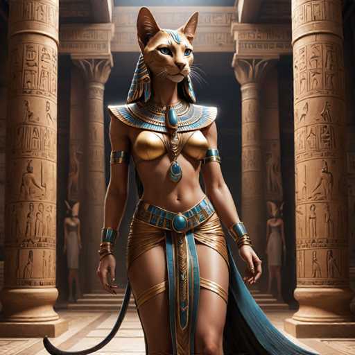 The image depicts an Egyptian goddess with a cat head and body wearing gold and blue clothing, standing in front of columns adorned with hieroglyphics. The goddess is positioned centrally within the frame, drawing attention to her striking appearance.