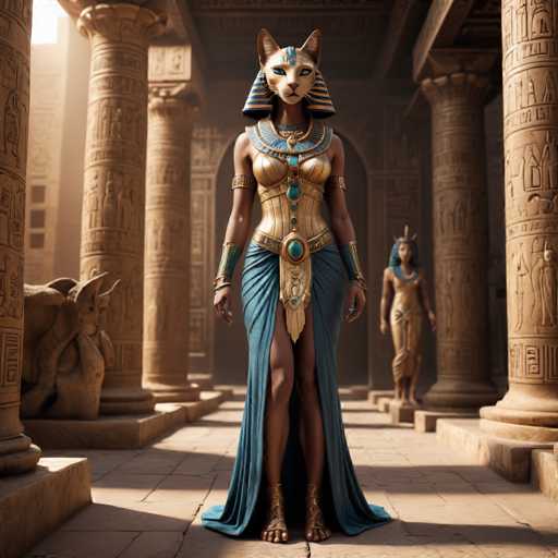 The image depicts an Egyptian goddess standing in a temple courtyard with two statues of pharaohs behind her. The goddess is wearing a blue dress and gold jewelry, including a headdress adorned with a cat's face.