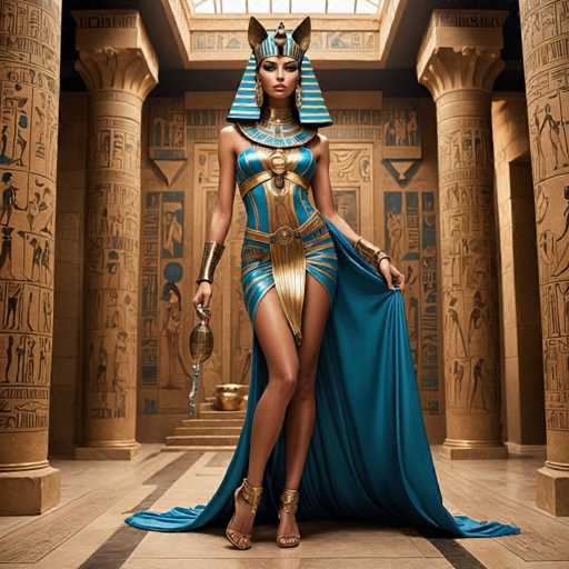 The image depicts a woman wearing a blue and gold dress with a gold headdress, standing in front of a large column adorned with hieroglyphics. The woman is holding a golden object in her hand.