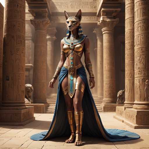 The image depicts a woman dressed in an Egyptian-style outfit standing in front of a temple. She is wearing a blue and gold dress with a gold headdress adorned with blue jewels. The woman's attire includes a gold belt cinched at the waist and a gold headdress, which are typical elements of ancient Egyptian fashion. The background features columns and statues, suggesting that this scene takes place in an Egyptian temple or similar architectural structure.