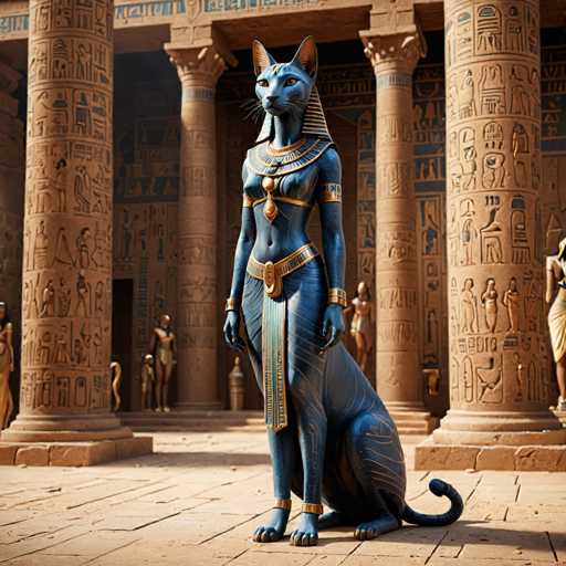 The image depicts an Egyptian goddess statue seated on a throne with her arms crossed and legs folded, wearing a blue robe adorned with gold accents. The statue is positioned in front of a temple entrance, which features columns and hieroglyphics that are characteristic of ancient Egypt.