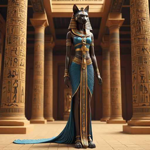 The image depicts an Egyptian goddess statue standing in front of a temple with columns and hieroglyphics on the walls. The goddess is adorned in a blue dress and gold jewelry, and her headdress features a cat's head design.