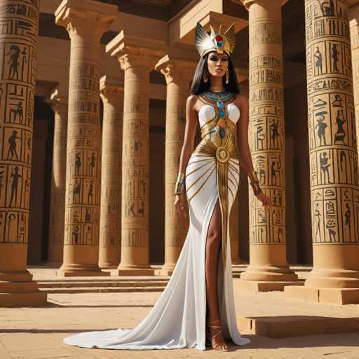 The image shows a woman standing in front of ancient Egyptian columns and walls. She is wearing a white dress with gold accents and a gold headdress adorned with red jewels. The woman's pose suggests she is posing for the photo.