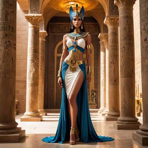 The image shows a woman wearing an Egyptian-style dress and headdress standing in front of a large column with intricate carvings. The woman is positioned on the left side of the frame, facing towards the right. She appears to be posing for the photo, which captures her from behind.