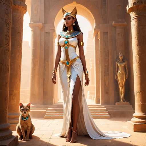 A woman wearing an Egyptian-style dress and a gold headdress stands next to her cat on a stone floor within the walls of an ancient Egyptian temple.