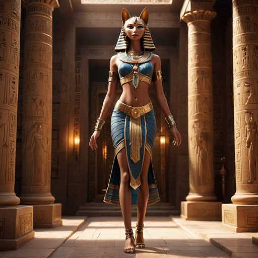 The image depicts a woman wearing a blue and gold dress with a gold headdress and earrings standing in front of two columns adorned with hieroglyphics. The background features a large stone column and a doorway leading to another room within the temple complex.