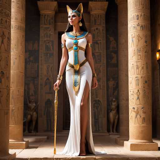 A woman dressed in an Egyptian-style costume stands in front of a temple, holding a staff and wearing a headdress with a feather on it. The temple is made of stone and features columns and carvings depicting various scenes from ancient Egypt.